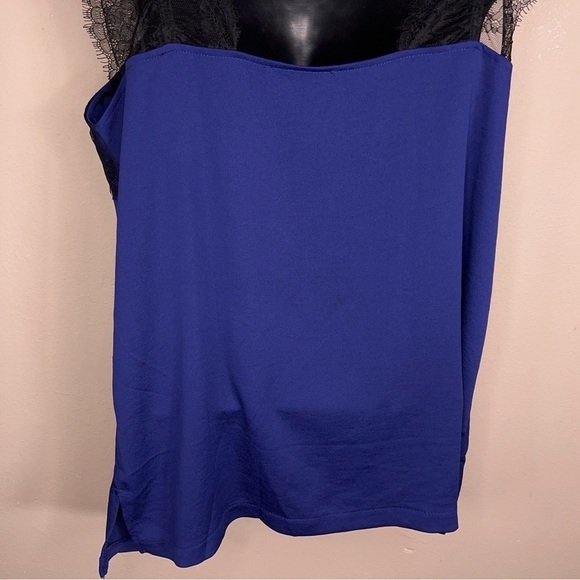 LARGE HIPPIE CHIC BLUE BLACK LACE SLEEVELESS TOP GLAM SATIN - Picture 8 of 12